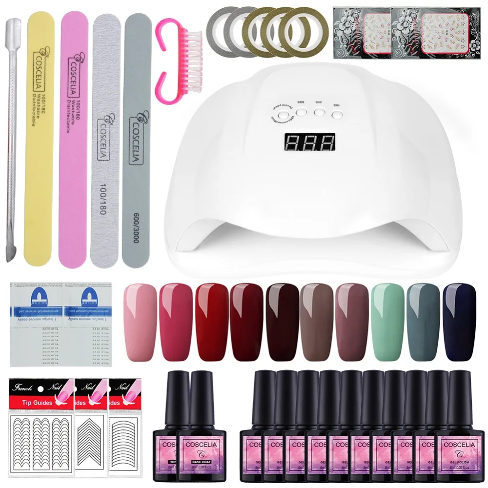 

COSCELIA Set For Nail Gel Manicure Set 54w UV Lamp For Nail 10pc Gel Polish Set Top Base Salon Nail Art Extension Kit
