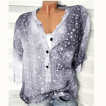 

5XL Women Blouse Fashion Print Pocket Color Plus Size Blouse Matching V-Neck Button Tunic Shirt Blouse camisa feminina
