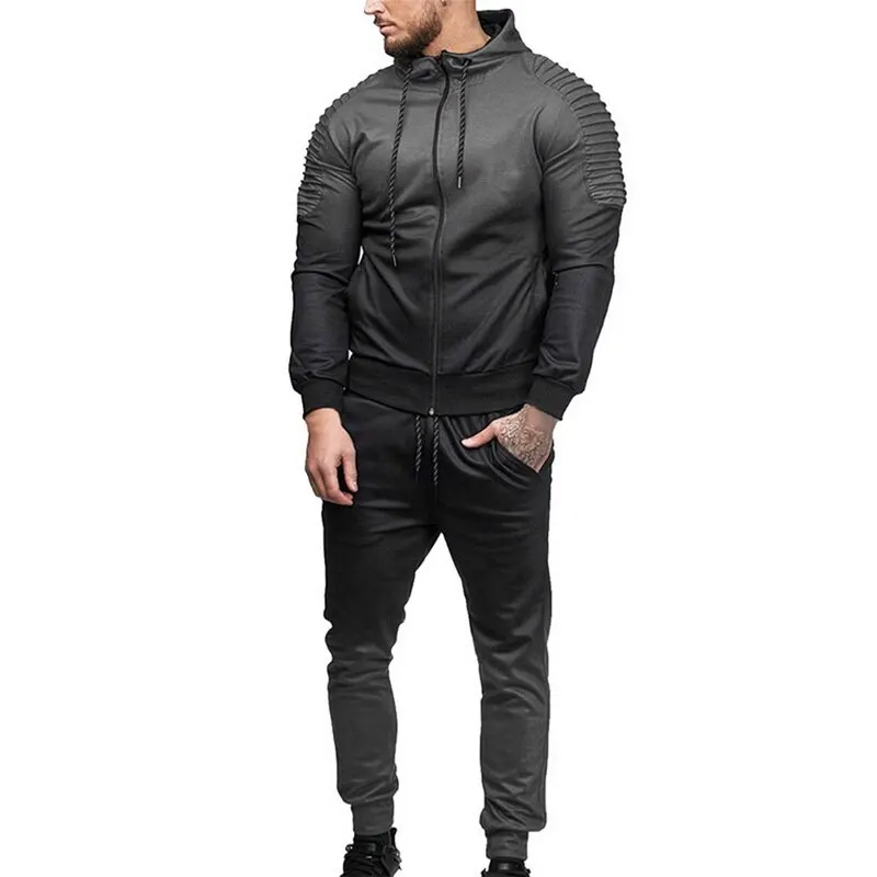 Dark gray SHUJIN комплект спортивной одежды для мужчин свитшот на молнии с капюшоном полосатые складки куртка+ брюки Градиент Мужской Повседневный Спортивный хлопковый костюм - Цвет: Dark gray