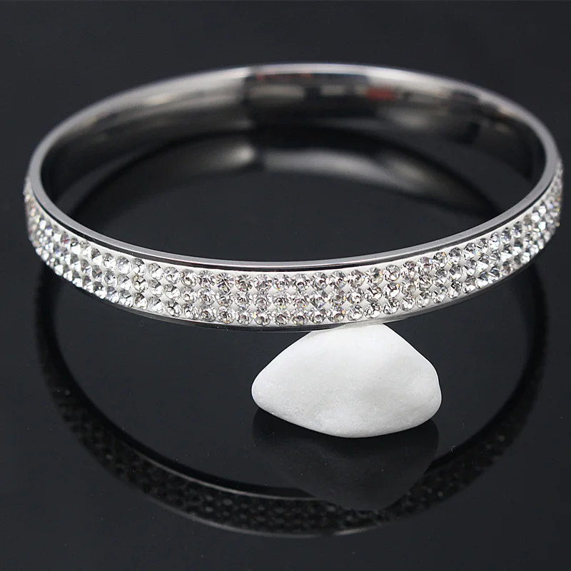 Fashionista Micro Paved Stainless Steel Bracelets& Bangles for Women Luxury Gift 8mm wide Silver Color Crystal Cuff Bangle