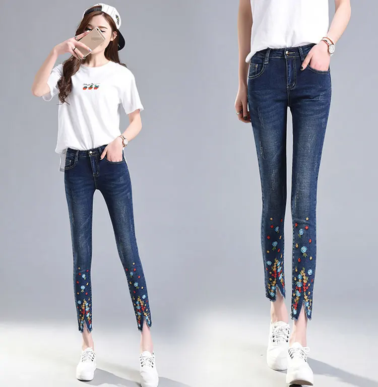 WICCON, Стрейчевые джинсы с вышивкой для женщин, эластичные джинсы с цветочным принтом, женские узкие джинсовые штаны, маленькие штаны с цветочным узором, Pantalon Femme