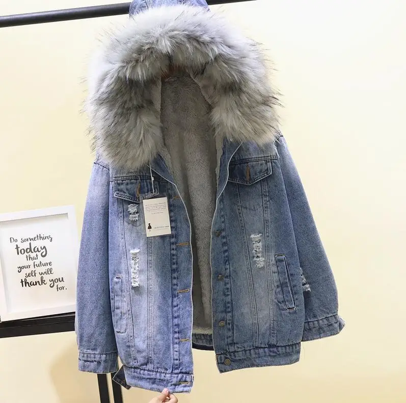 blue gray fur Зимняя свободная Большая Меховая Женская парка с капюшоном, Толстая теплая длинная джинсовая куртка из овечьего меха, зимняя женская куртка, меховые джинсы, куртка - Цвет: blue gray fur