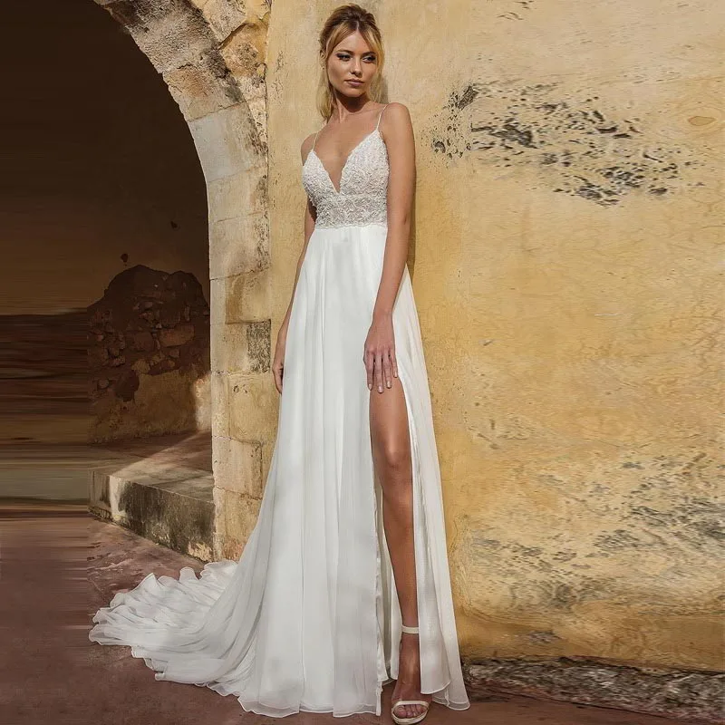 

LORIE Deep V 2019 Beach Wedding Dress Backless Chiffon Front High Split Sleeveless vestido de noiva Flower Appliques Bridal Gown