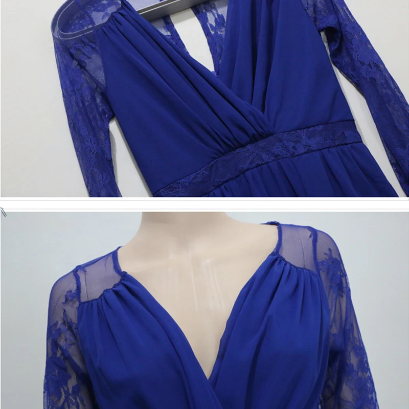 Тонкий сексуальный длинный рукав глубокий v-образный вырез кружева вышивка шифон платье женское элегантное Макси Лето Осень Европейское синее платье