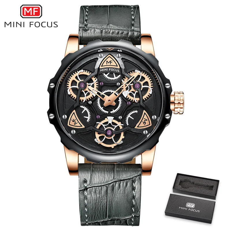 Gray Rose Black MINIFOCUS 3D Полые Креативные Часы мужские вращающиеся колеса дизайнерские спортивные часы мужские s Роскошные брендовые кожаные часы военные кварцевые - Цвет: Gray Rose Black