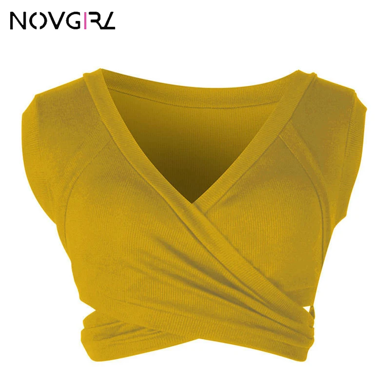 Novgirl, женские сексуальные короткие топы, лето, v-образный вырез, без рукавов, бандаж, для фитнеса, Короткие топы, модная Клубная одежда, белые укороченные топы - Цвет: Цвет: желтый