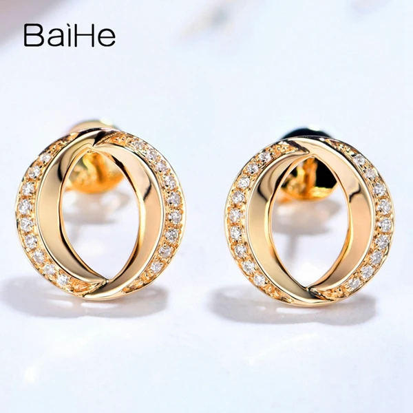 BAIHE Solid 14K желтое золото 0.08ct H/SI натуральные бриллианты Свадебная вечеринка модные ювелирные изделия женские подарок серьги-гвоздики