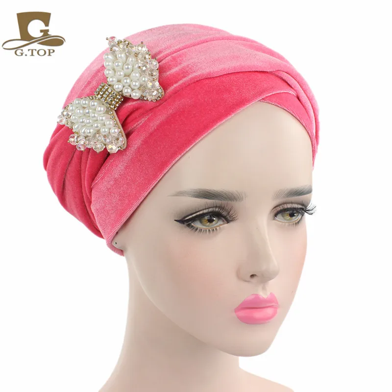 NEON PINK Роскошный хиджаб бархатный тюрбан головной убор удлиненный велюровый тубус индийский головной убор шарф галстук с жемчужным бантом брошь - Цвет: NEON PINK