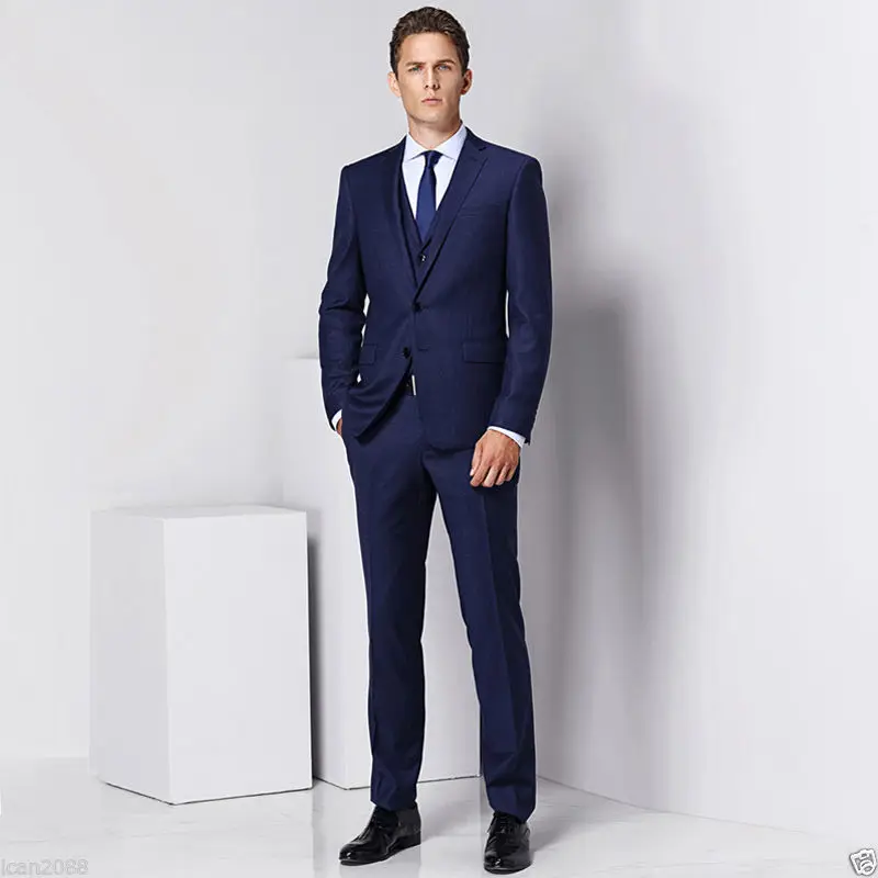 

New Custom Made Men's Tailored Navy Blue 3 Piece Slim Fit Regular Formal Business Wedding Suit (jacket+vest+pants)A225