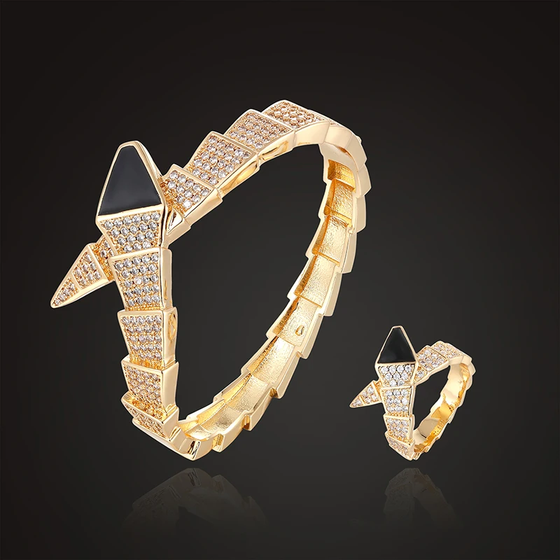 

Lanruisha luxury bangle with ring jewelry set 3A zircon pave setting classic paint color animal snake head bracelet fashion gift
