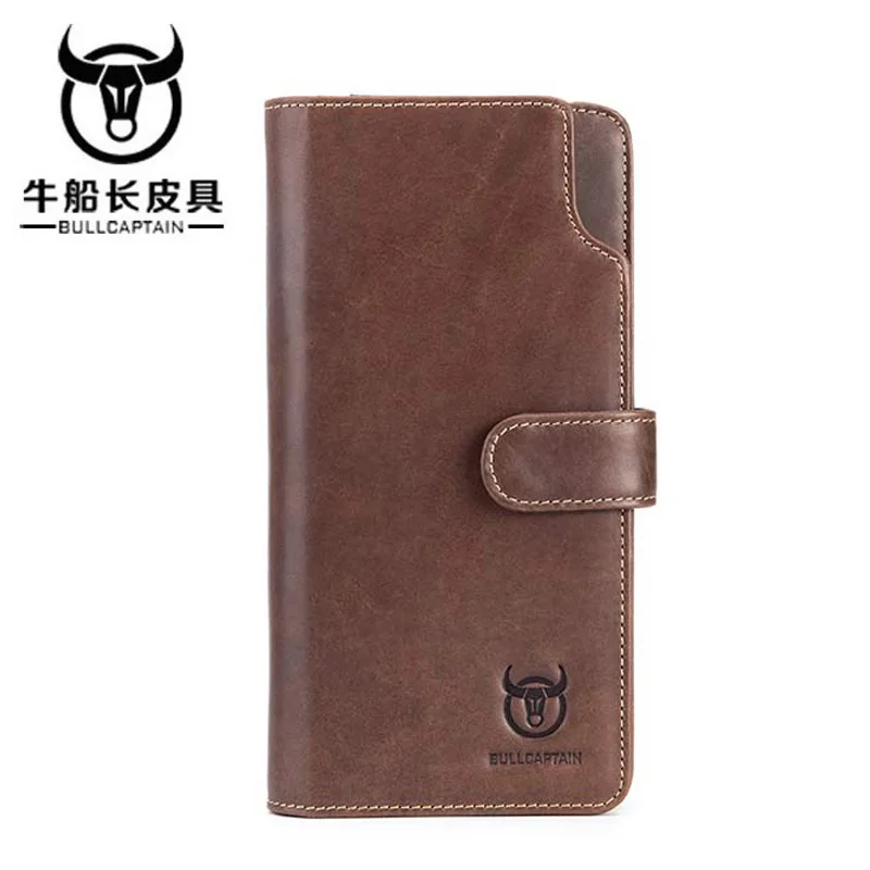 Brown BULLCAPTAIN модные Для мужчин длинные Дизайн Повседневное держатель для карт кожаный бумажник Для мужчин кошелек на молнии Многофункциональный Портмоне деньги 2 цвета - Цвет: Brown
