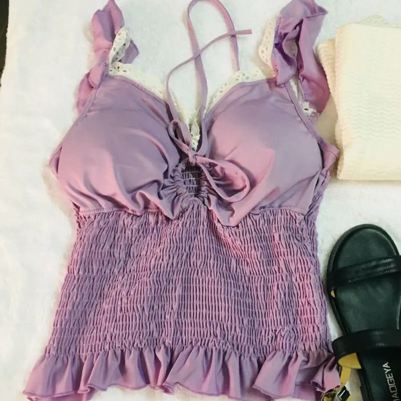 Women Ruffles Sling Adjusted Neck Lace Up Stretch Crop Top Sexy Vest Fashion Camisole Sleeveless Purple Tank New