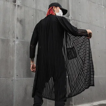 

Male Striped Casual Shirt Outerwear Jacket Men Streetwear Punk Gothic Hip Hop Long Shirt Cardigan Coat
