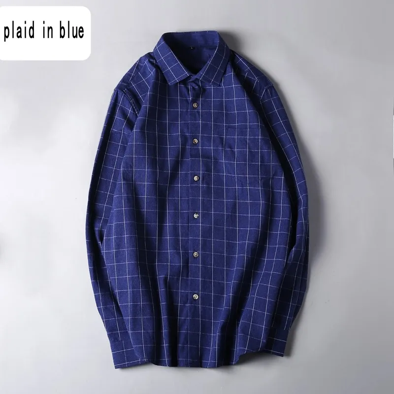 plaid in blue Спортивные мужские рубашки из хлопка больших размеров xxxl 4xl 5xl 7xl с длинными рукавами, мужские однотонные Топы в стиле милитари, шерстяная рубашка с отложным воротником - Цвет: plaid in blue