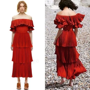 

2018 high-quality European and American pleated embroidered red off shoulder dress layered ruffled dresses runway maxi dresses