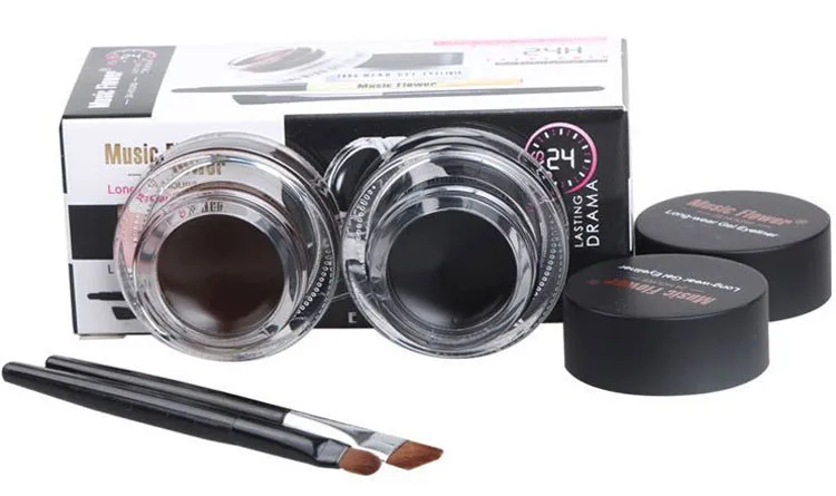 Music Flower 2 in 1 Coffee + Black Gel Eyeliner Make Up Waterproof Eye Liner Cosmetics Set Eyeliner Pens Makeup Brushes Set