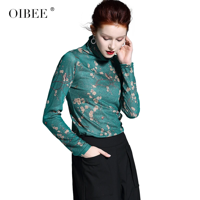 OIBEE2019 Весна и зима Женская Новая мода печать Высокий воротник стрейч вязать хлопок дикий Джемпер Футболка