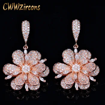 

CWWZircons Geometric Rose Gold Color Micro Pave Cubic Zirconia Stones Dangle Drop Flower Earrings Silver 925 Jewelry CZ015