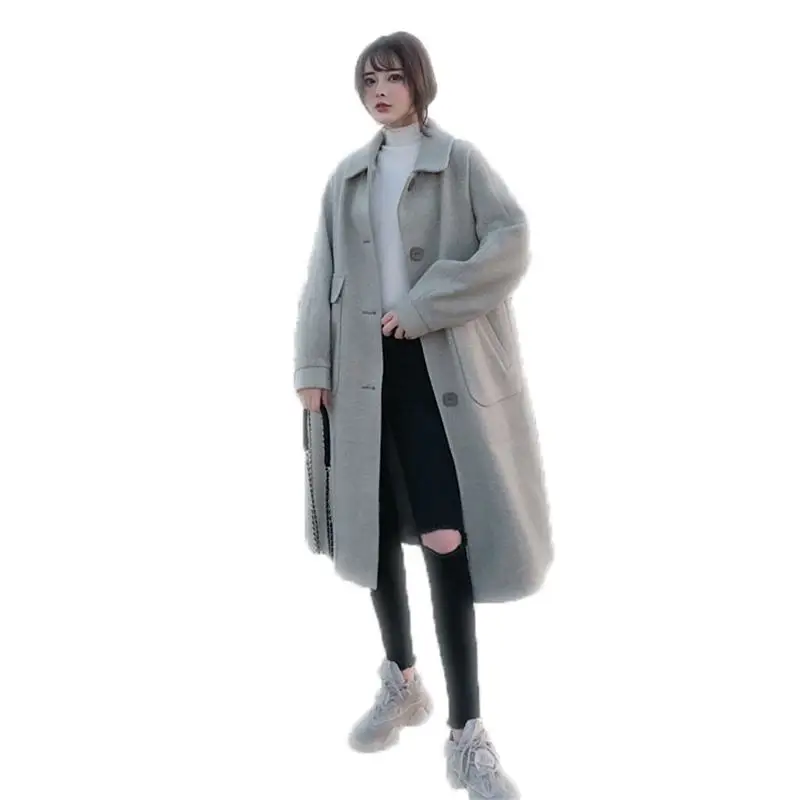 Зеленый Осень-зима Для женщин Однобортный Теплый Сгущает Oversize шерстяная куртка Верхняя одежда свободные карманы тонкие длинные смеси пальто F13 - Цвет: Зеленый