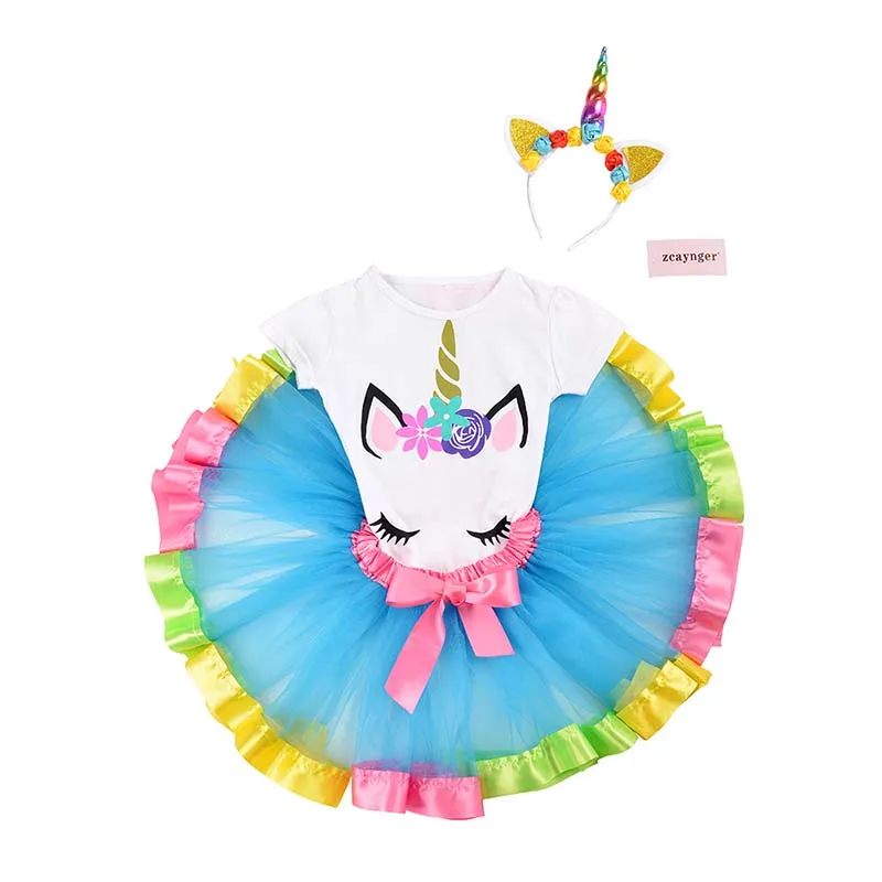 طفل الفتيات الملابس مجموعة الفتيات حزب تنورة 3 قطعة يونيكورن القطن T-قميص + تول تنورة + عصابة رأس على شكل وحيد القرن فستاين سهرة/فساتين الحفلات ...
