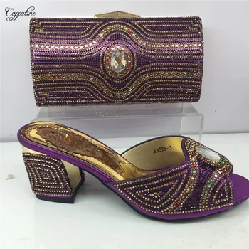 

New coming purple with shinning stones nice African lady high heel shoes with purse bag set GY12