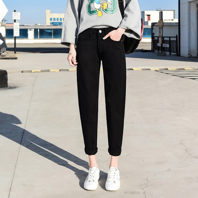 black Vintage ladies boyfriend jeans for women mom high waisted jeans blue casual pencil trousers korean streetwear denim pants - Цвет: black