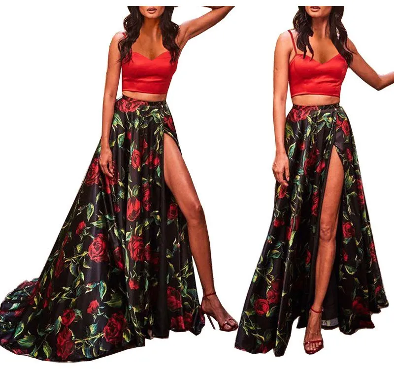 

Sexy Women Boho Two Piece Set Crop Top Long Skirt Floral Printed Sets Sleeveless Strapless High Waist Casual Suit