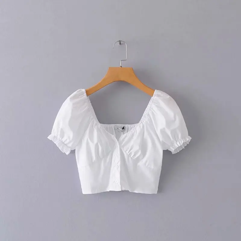 summer Sexy crop top Puff sleeves white chiffon blouse shirt casual womens tops and blouses korean floral ladies tops - Цвет: Белый