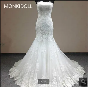 

2016 new arrival mermaid lace appliques beaded wedding dress chapel train real picture formal wedding gowns best selling