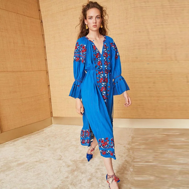 

Summer travel seaside temperament national wind embroidery dress flower embroidery loose lantern sleeve tassel rope long dress