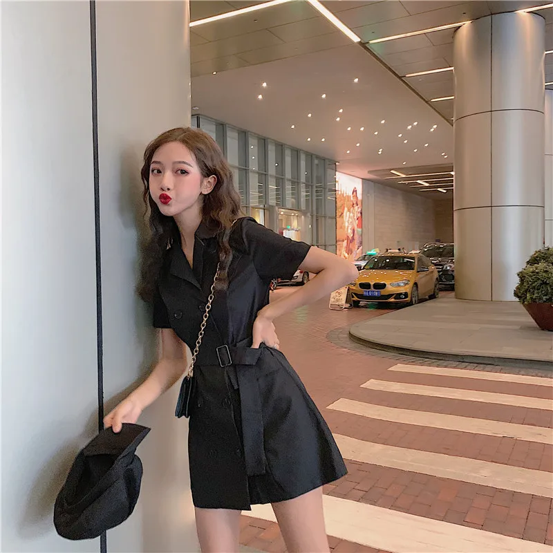 summer new Harajuku Safari Korean style slim mini-dress fashion Women's clothing notched button sashes pockets dresses female