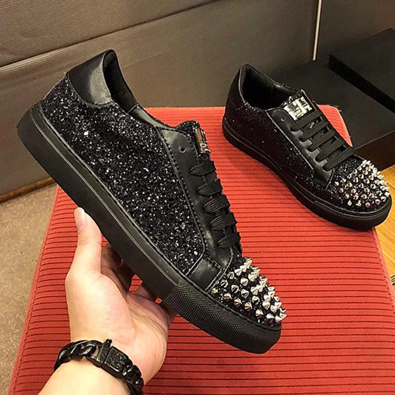 

Top Quality High-end Black Casual Genuine Leather Sheepskin Lining Crystal Rivet Handmade Men Shoes DHL Shipping Available