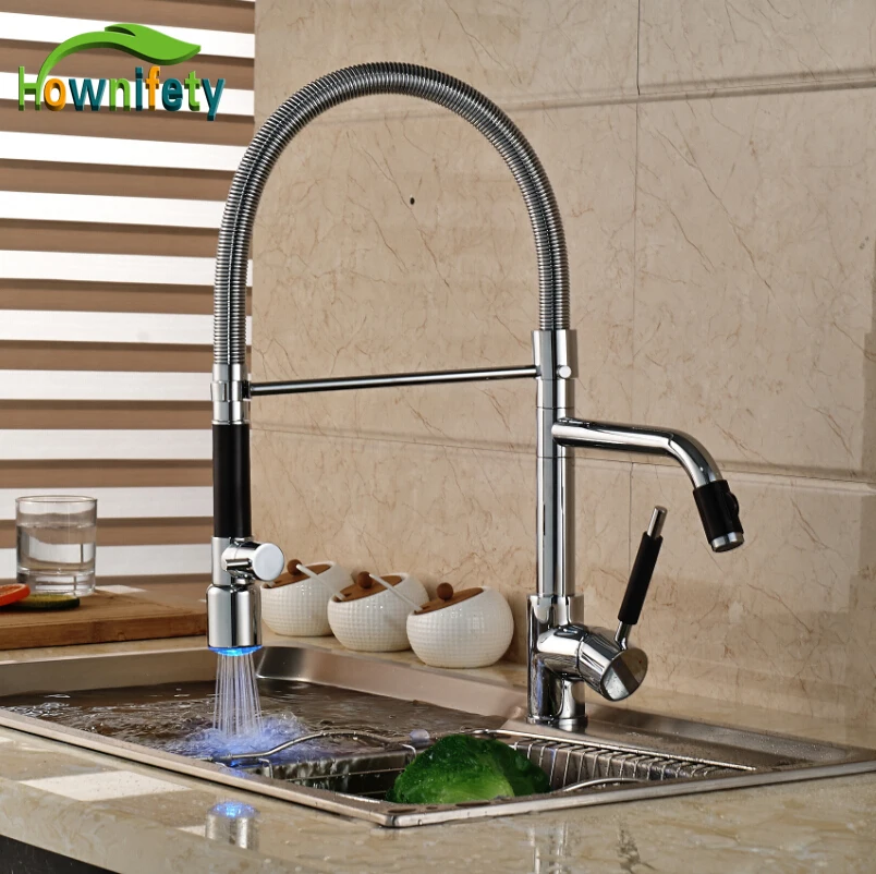 

LED Colors Kitchen Sink Faucet Chrome Single Handle Two Spouts Deck Mounted Mixer Tap