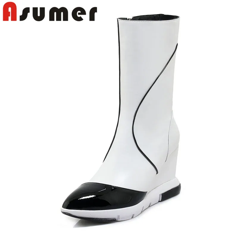 

ASUMER NEW 2018 fashion mid calf boots pointed toe temperament women boots autumn mixed colors genuine leather boots size34-39