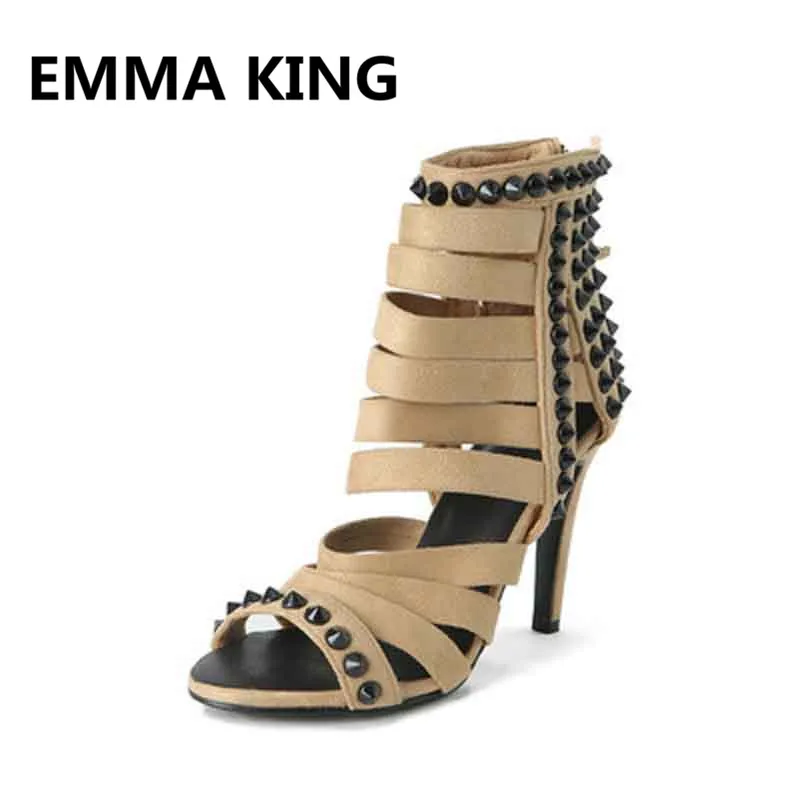 

2019 Flock Black Rivets Studs Ankle Boots For Women Summer Gladiator Sandals Open Toe Hollow Sexy Ladies High Heels Shoes Woman