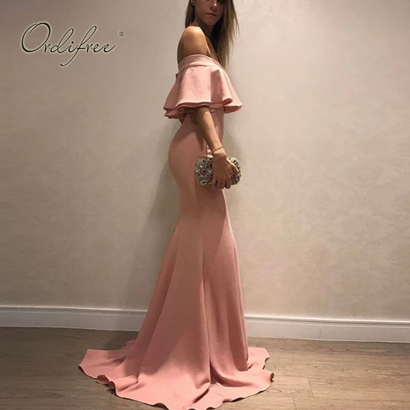 

Ordifree 2019 Summer Women Long Party Dress Pink Off Shoulder Sexy Bodycon Ruffle Maxi Dress