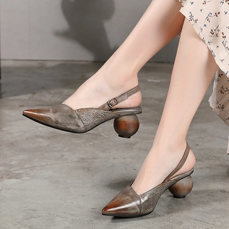 

Women Leather Sandals Pointed Toe High Heels 5 Cm Brand Summer Shoes Gray Sandals Ladies Genuine Leather Women Shoes 2019 Retro