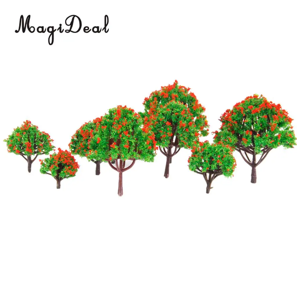 MagiDeal 10Pcs Model Tree with Red Flower Railroad Scenery for Model Garden Park Train Track Architecture Layout Diorama 5 Sizes