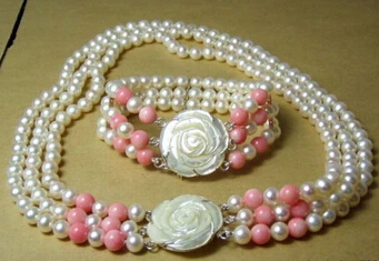 

Miss charm Jew.214 3 Rows Real White Pearl Pink Coral 18KWGP Shell Flower Clasp Necklace Bracelet jewelry set (A0423)