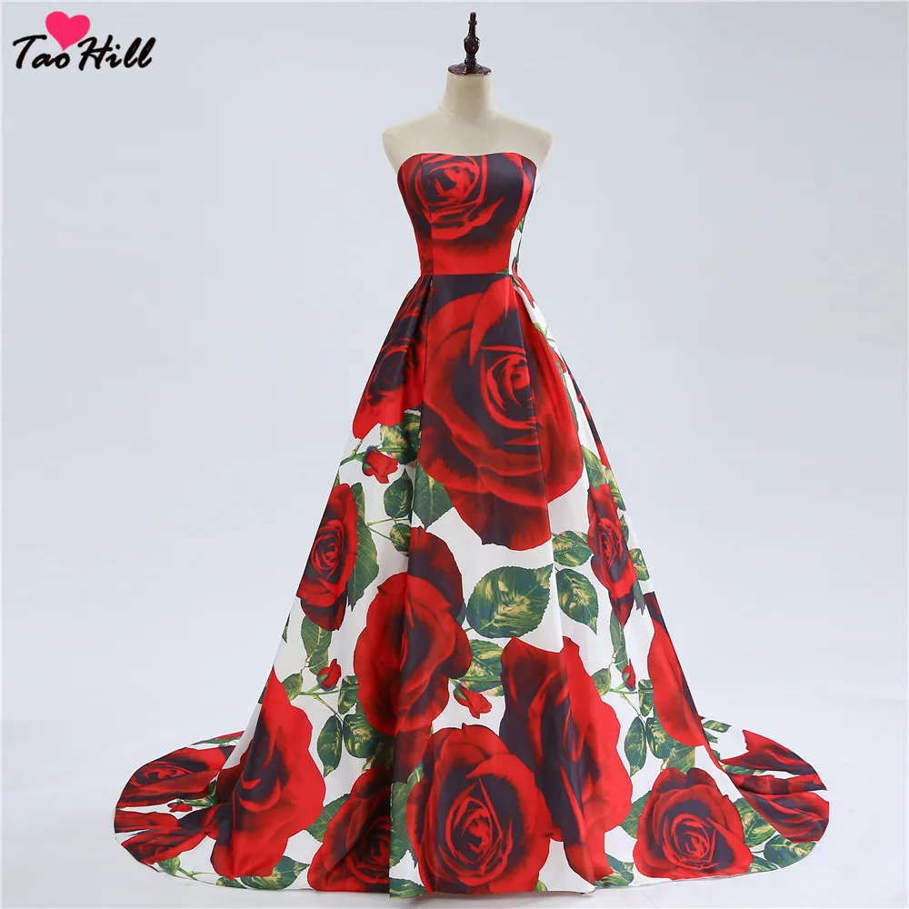 

TaoHill Fashion Printed Flower Gowns A-line Strapless Sleeveless Backless A Line Long Formal Party for Bridesmaid Dresses