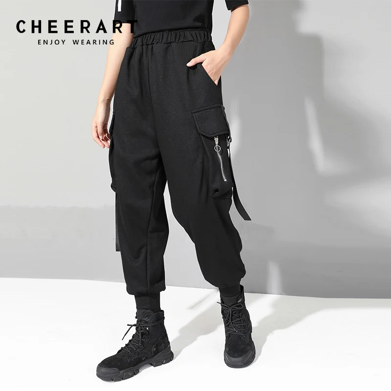 

Cheerart Black Cargo Pants Women Joggers Femme Sweatpants Trousers High Waist Lace Up Pocket Pants Streetwear Fashion