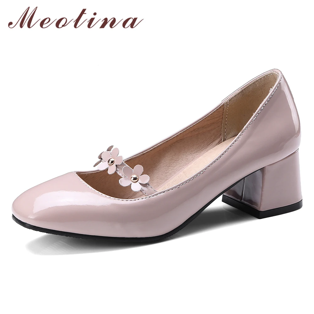 

Meotina Med High Heels Mary Janes Shoes Women Patent Leather Thick Heel Pumps Flower Square Toe Shoes Lady Spring Big Size 33-46