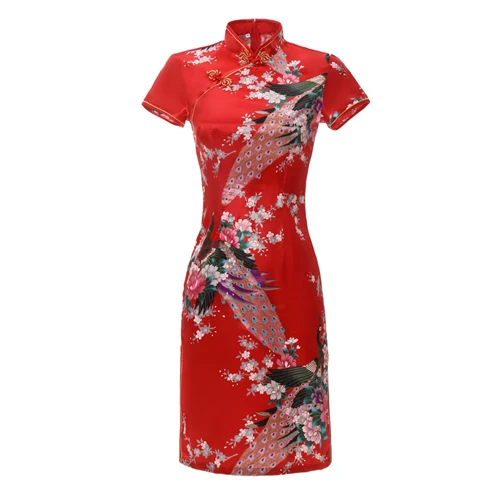 red peacock Сексуальное Тонкое летнее женское Короткое платье Cheongsam большого размера в китайском стиле, платье из вискозы с цветочным принтом для шоу на сцене, Qipao 3XL 4XL 5XL 6XL - Цвет: red peacock