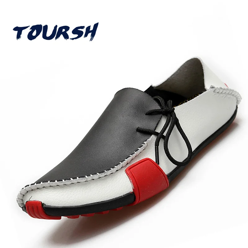 

TOURSH 2018 New Summer Men Leather Shoes Men Moccasin Lace-Up Loafers Casual Oxford For Driving Sapato Masculino Big Size 38-47