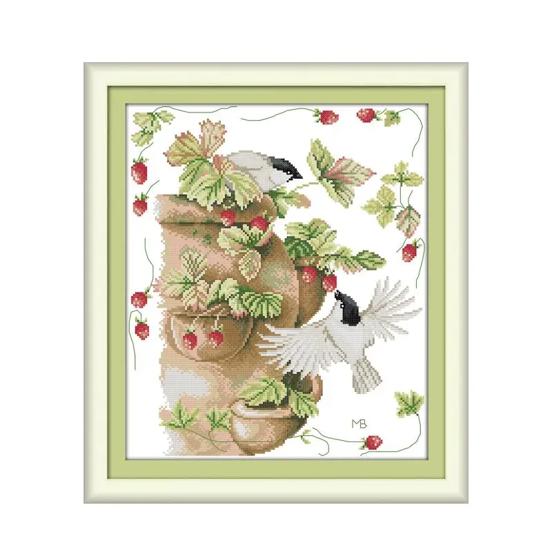 

11CT 14CT Multi-Spectral Printing Cross-Stitch Condition Birds & Strawberries Fresh Garden Scenery Handmade Embroidery