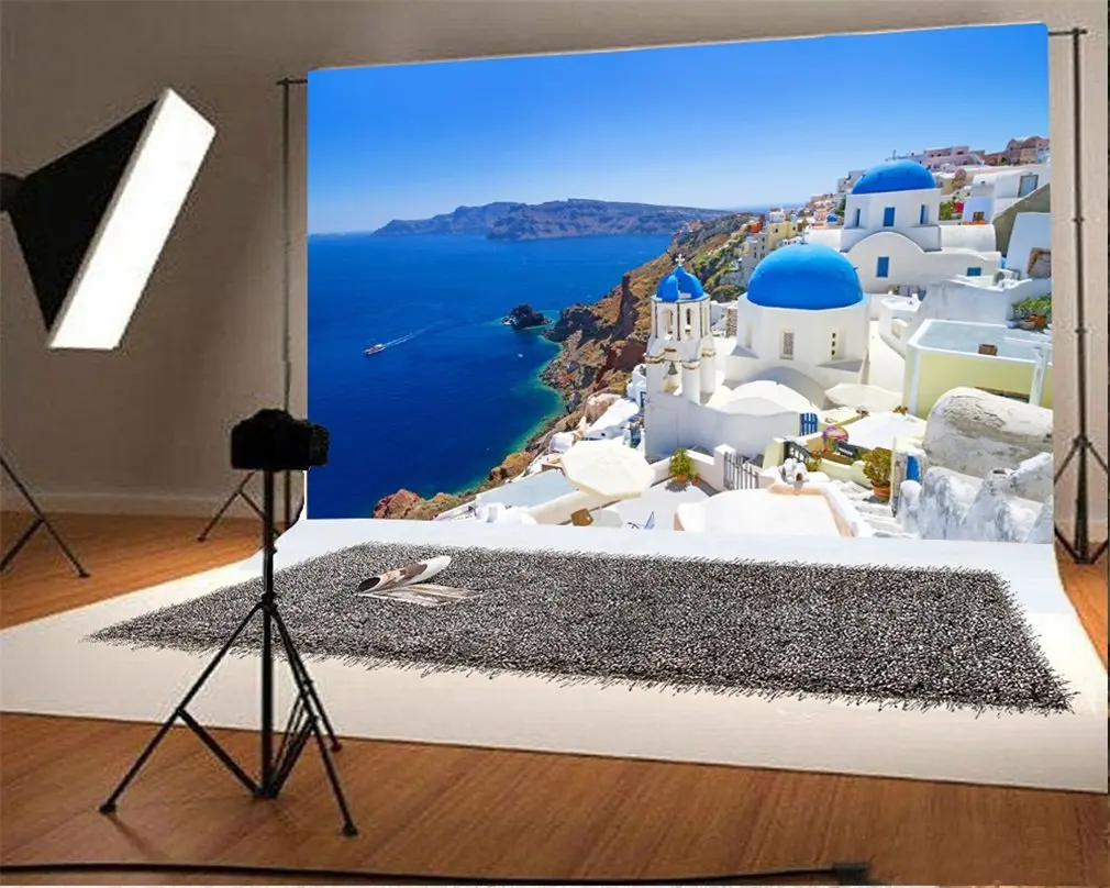 

Photography Backdrop White Architecture of Oia Village on Santorini Island Greece Nature Landscape Blue Sky Photo Background