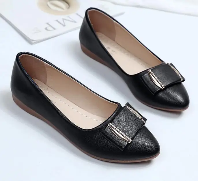 casual boeknot shallow flats single shoes woman brand crystal bow pointy toe ladies loafers lazy slip-on solid moccasins summer - Цвет: Черный