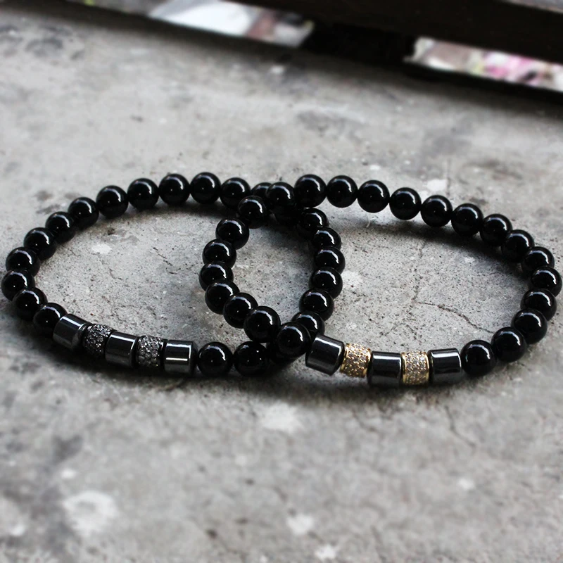 

Norooni 2018 New Pave CZ Round Stopper Beads Bracelet 8mm Nature Beads With Hematite Bead Charm Bracelet For Men Jewelry Gift