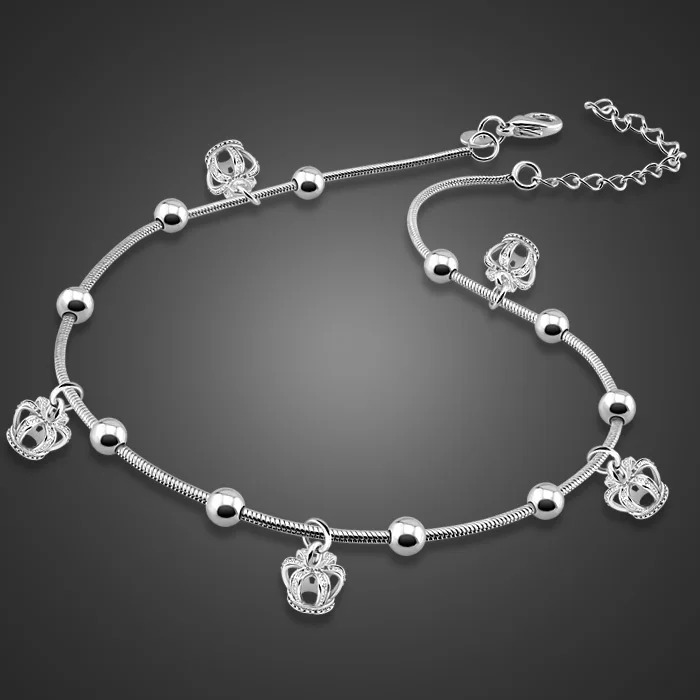 Chic Silver Jewelry 925 Sterling Silver Anklet Crown Pendant Girl Pop Summer Accessories really silver chain not fade bijoux