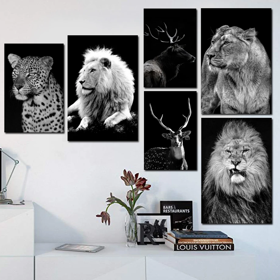 

Nordic Canvas Art Painting Black White Deer Lion Lepoard Print Animal Wall Art Poster Art Home Decor Painting for Living Room